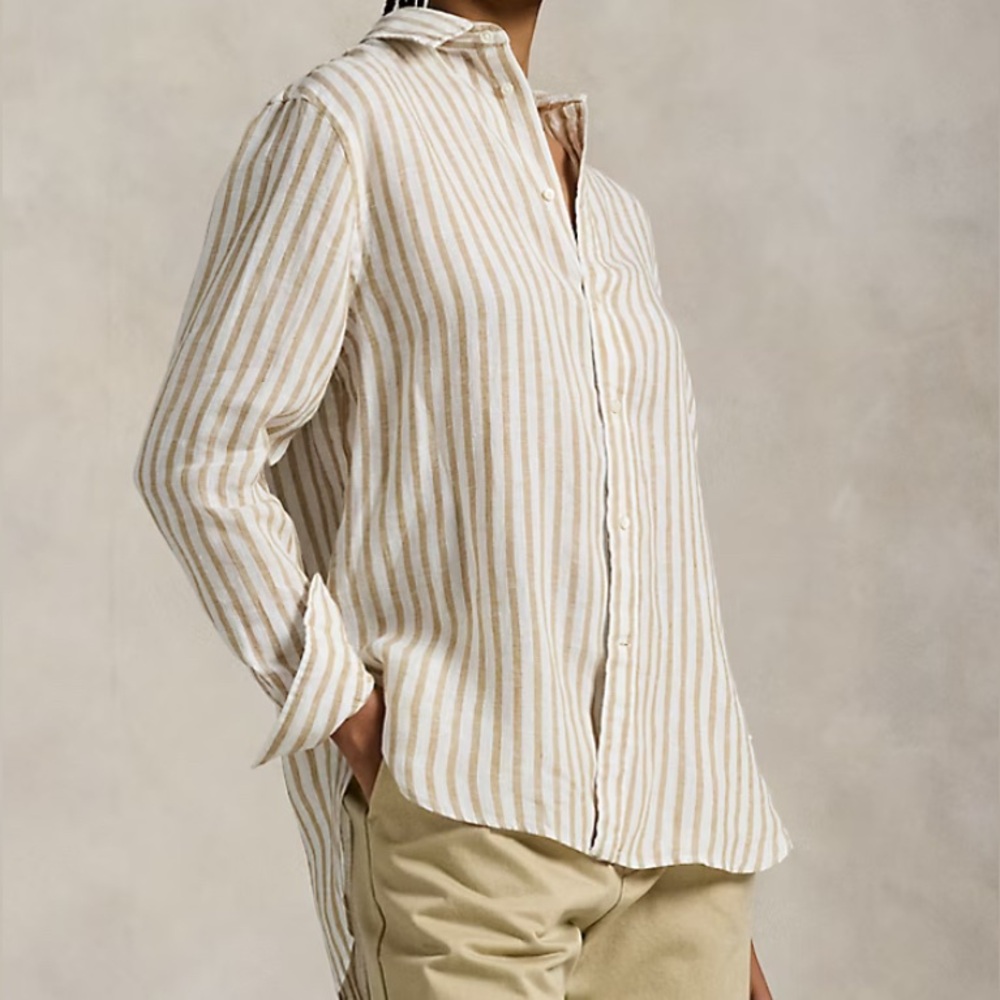 Polo Ralph Lauren Tan and Cream Striped Linen Blouse